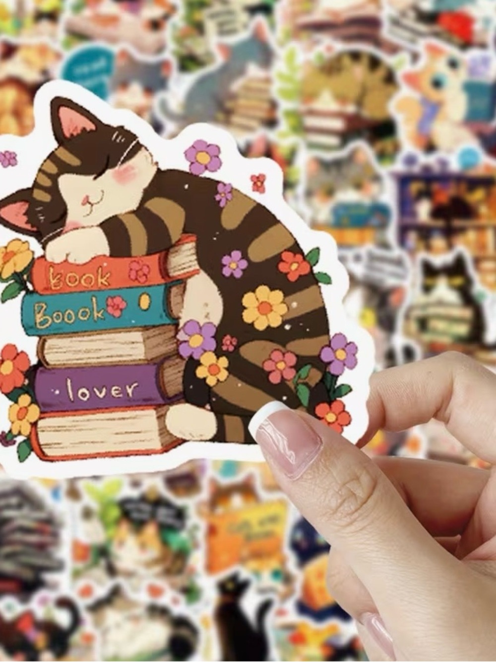 50 Sleepy Kitty Cats on Books Stickers Flowers Library Stack of Books